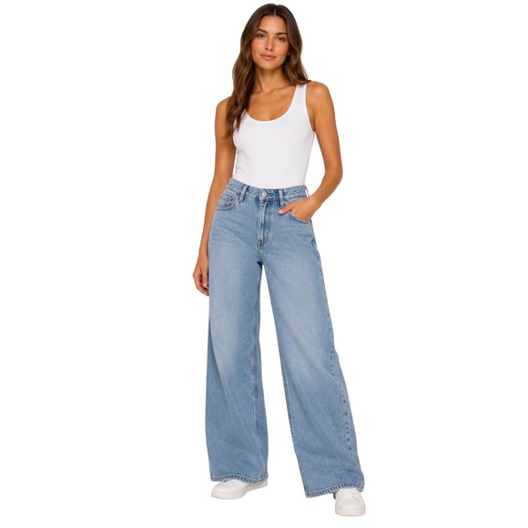 Good American Denim - Good American Good Wide Leg Jeans Light Blue Acid Wash High Rise Denim 10/30